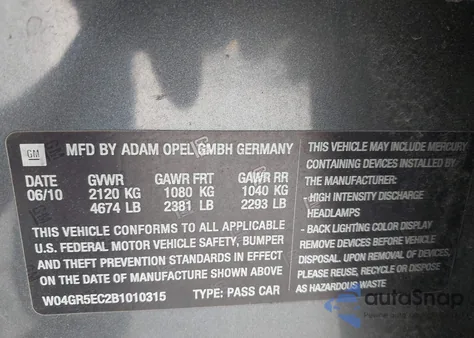 2011 Buick Regal Cxl Russelsheim from USA, damaged, VIN W04GR5EC2B1010315